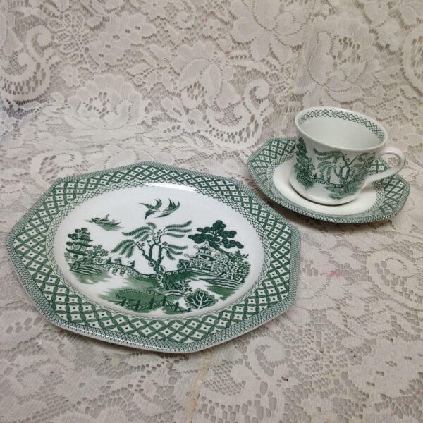 Vintage Royal Staffordshire J & G Meakin 3-pc Green-Blue Willow Trio Tea Set(B)