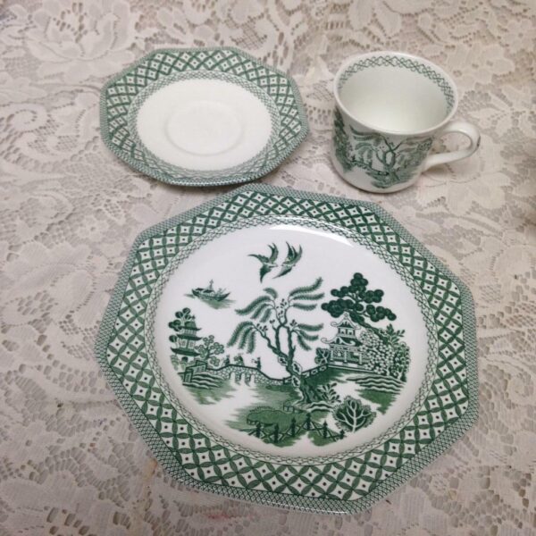 Vintage Royal Staffordshire J & G Meakin 3-pc Green-Blue Willow Trio Tea Set(B)