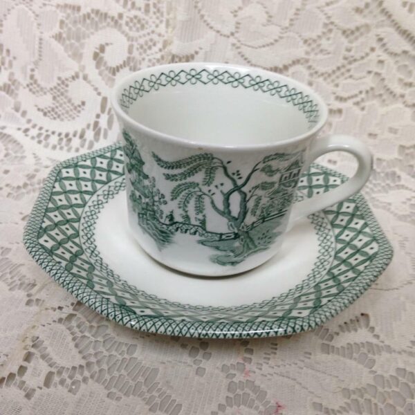 Vintage Royal Staffordshire J & G Meakin 3-pc Green-Blue Willow Trio Tea Set(B)