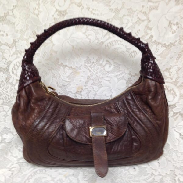 Authentic Fendi, Italy, Brown Leather Spy Purse Handbag, 15in x 9in x 4in