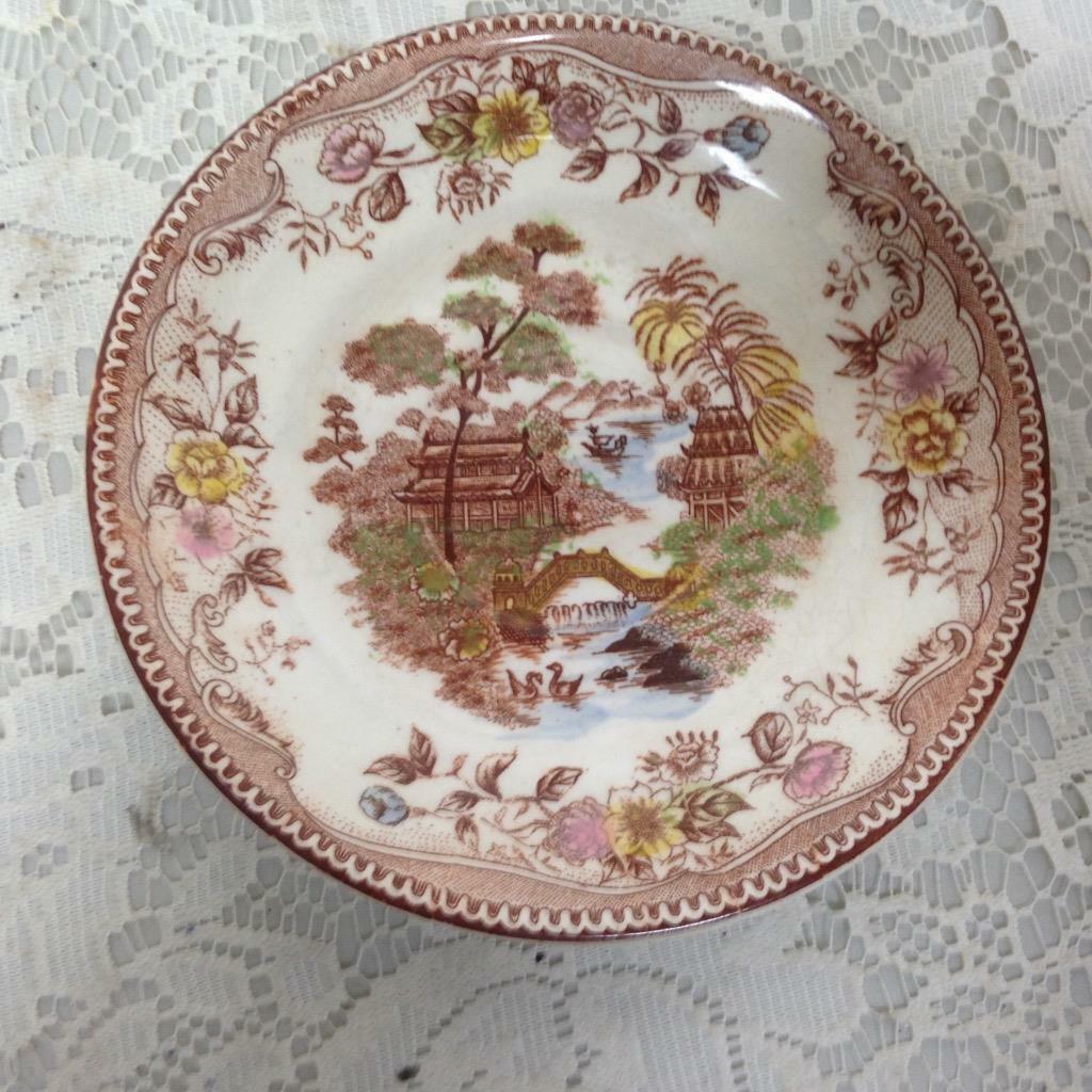 Vintage Brown Ritchie Oriental Gardens Variant Gaudy Blue Willow 2pc Saucer