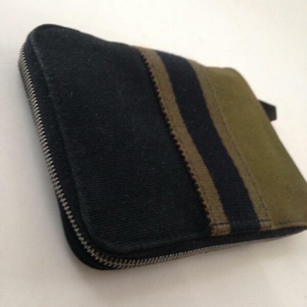 Authentic, Hermes Paris, Black-Green Canvas Zip-around Compact Wallet 5.5in x 4i