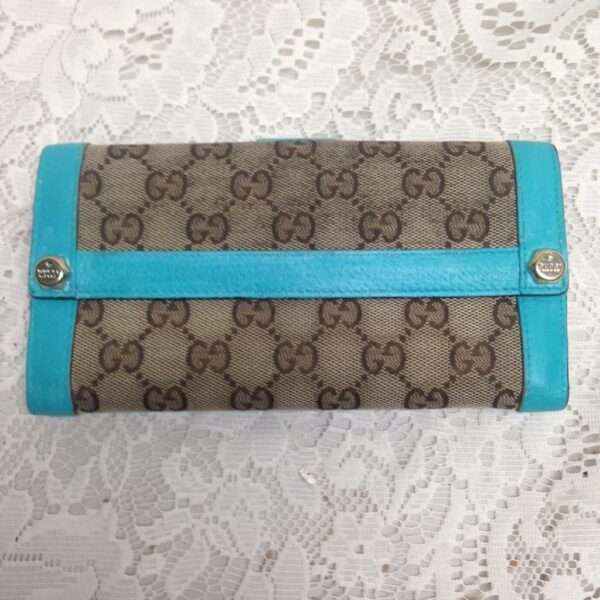 Gucci Brown Canvas -Teal Leather Trim, Long Bi-fold Wallet 7.5in x 4in