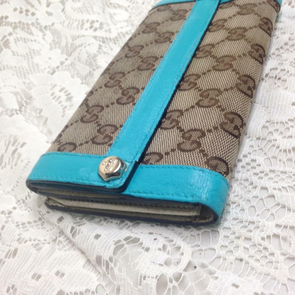 Gucci Brown Canvas -Teal Leather Trim, Long Bi-fold Wallet 7.5in x 4in