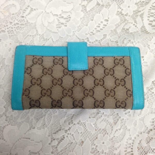 Gucci Brown Canvas -Teal Leather Trim, Long Bi-fold Wallet 7.5in x 4in