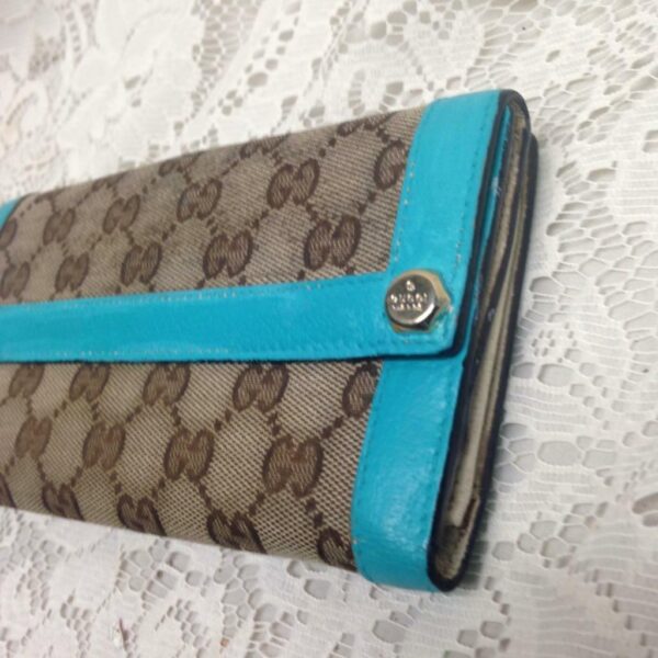 Gucci Brown Canvas -Teal Leather Trim, Long Bi-fold Wallet 7.5in x 4in