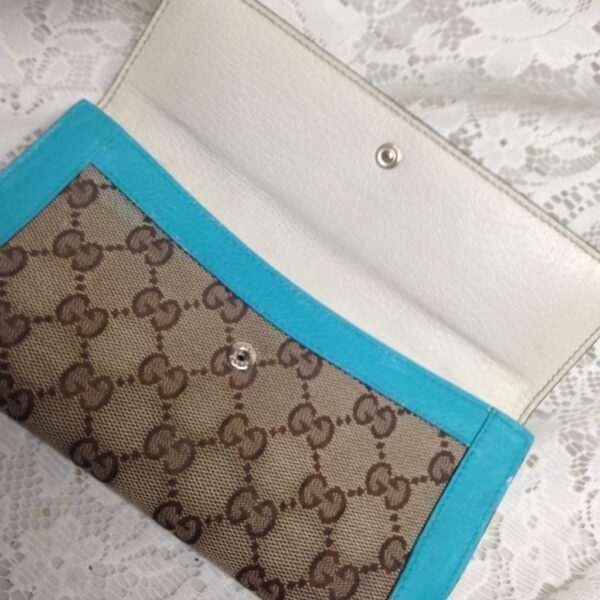 Gucci Brown Canvas -Teal Leather Trim, Long Bi-fold Wallet 7.5in x 4in