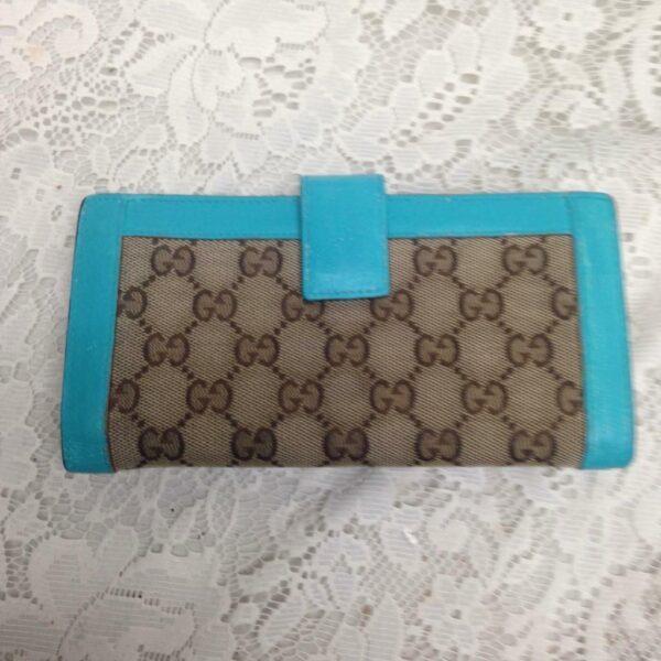 Gucci Brown Canvas -Teal Leather Trim, Long Bi-fold Wallet 7.5in x 4in