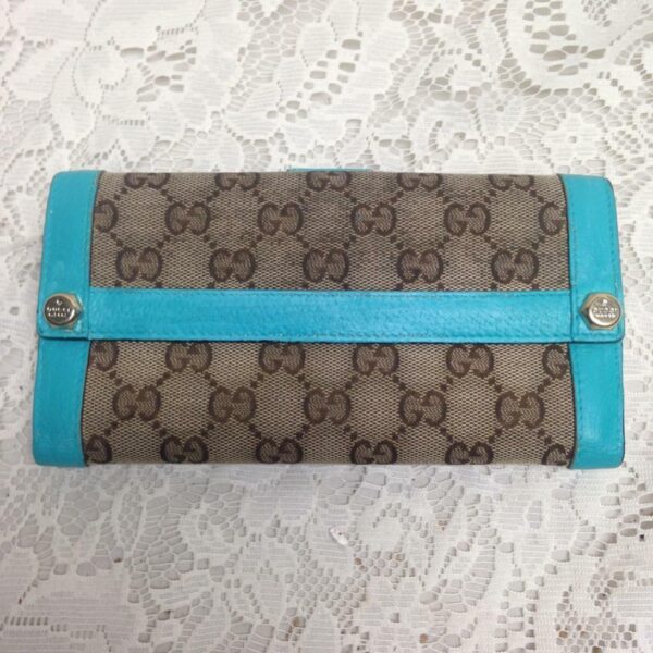 Gucci Brown Canvas -Teal Leather Trim, Long Bi-fold Wallet 7.5in x 4in