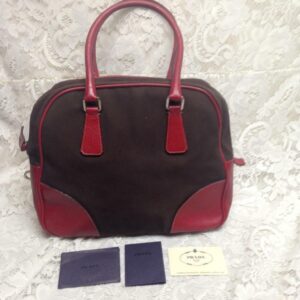 Prada Brown -Red Leather Trim Shoulder Bag 11.5in x 10.5in x 5in