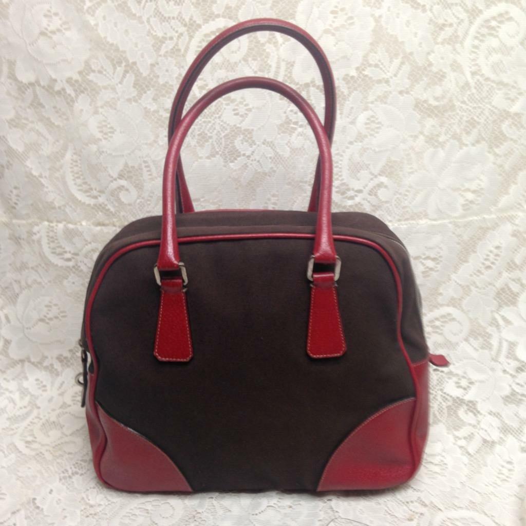 Prada Brown -Red Leather Trim Shoulder Bag 11.5in x 10.5in x 5in