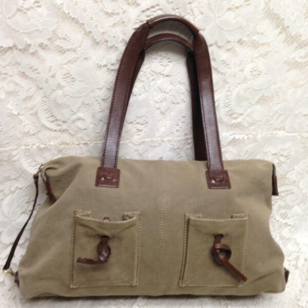 Vintage Gucci Khaki Brown Leather Trim Shoulder Bag 14in x 9in x 5in