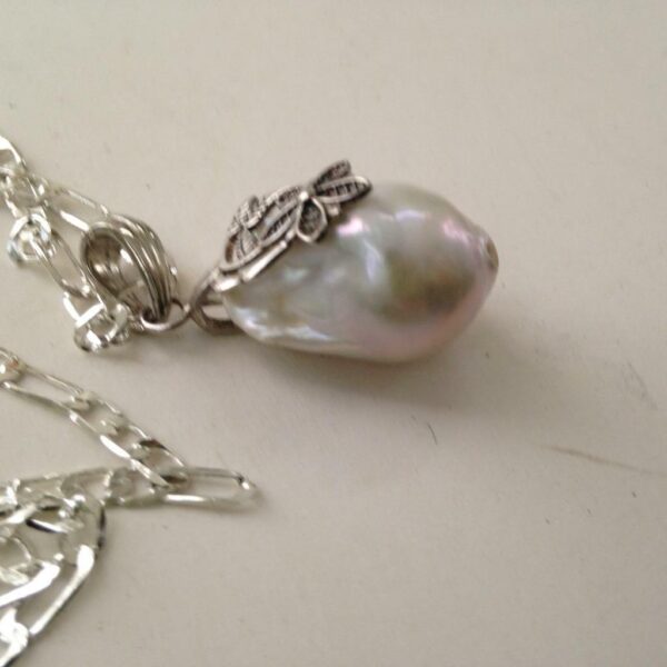 Elegant Set, Genuine Baroque Pearl Pendant w/ Silver Chain Necklace N Earrings