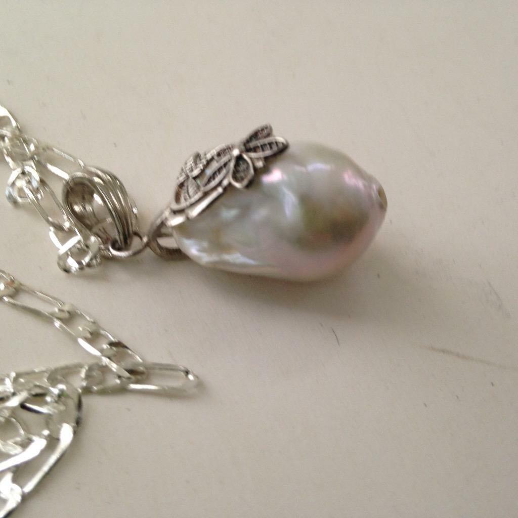 Elegant Set, Genuine Baroque Pearl Pendant w/ Silver Chain Necklace N Earrings