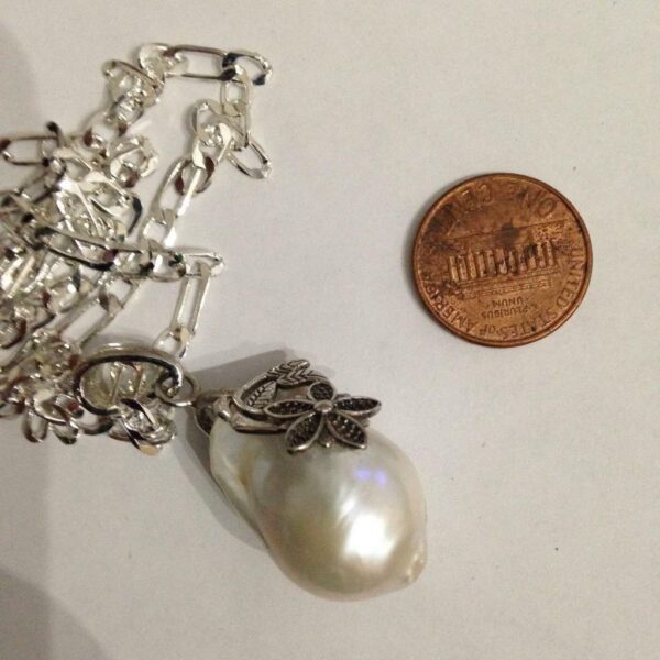 Elegant Set, Genuine Baroque Pearl Pendant w/ Silver Chain Necklace N Earrings