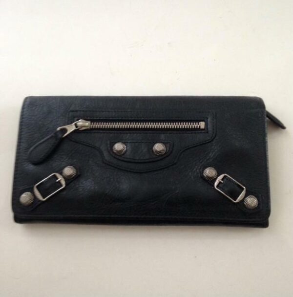 Balenciaga Black, Silver Studded Long Bi-fold Wallet 7.5in x 4in