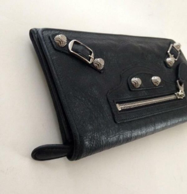 Balenciaga Black, Silver Studded Long Bi-fold Wallet 7.5in x 4in