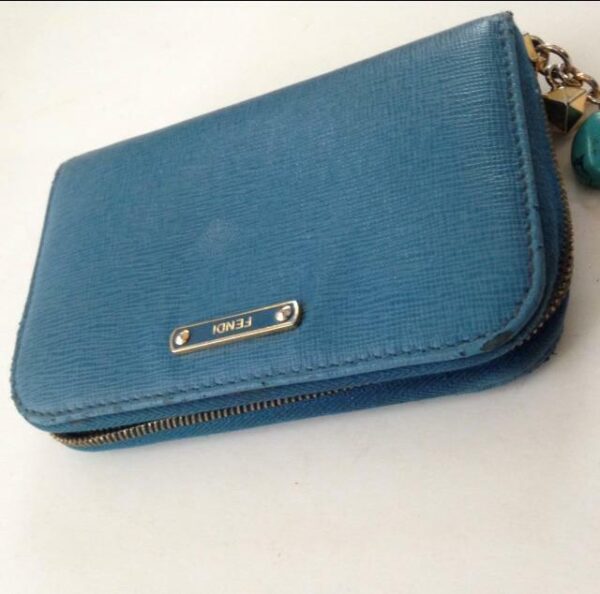 Authentic Fendi Aqua Blue Leather Zippy Compact Wallet ( 5inx4in)