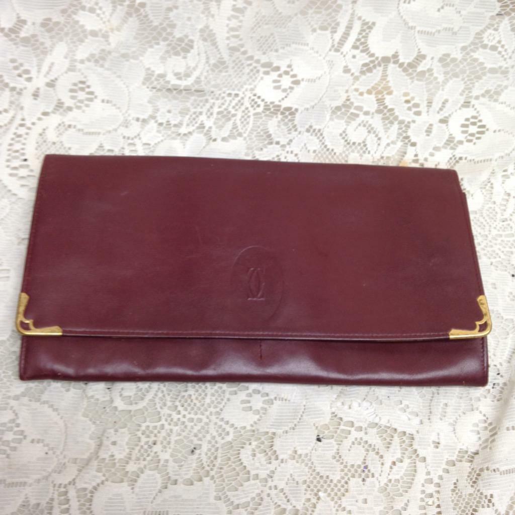 Authentic, Cartier Burgundy Leather 2-way Clutch- Crossbody 11in x 6in (2T0621)