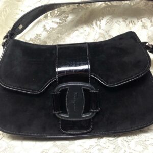 Salvatore Ferragamo Black Suede Leather Handbag 12in x 7in x 2.5in