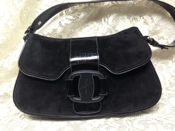 Salvatore Ferragamo Black Suede Leather Handbag 12in x 7in x 2.5in