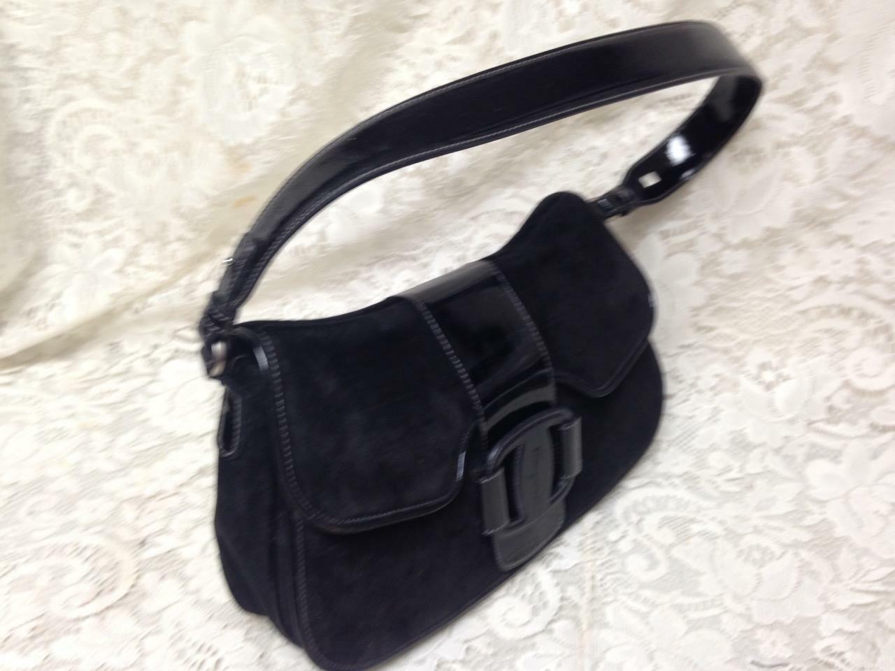 Salvatore Ferragamo Black Suede Leather Handbag 12in x 7in x 2.5in