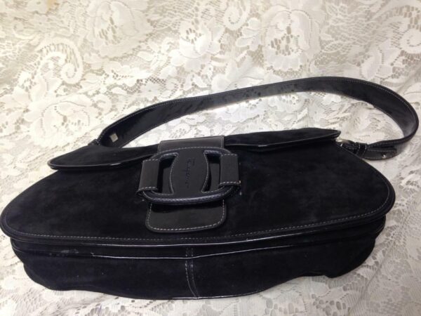 Salvatore Ferragamo Black Suede Leather Handbag 12in x 7in x 2.5in