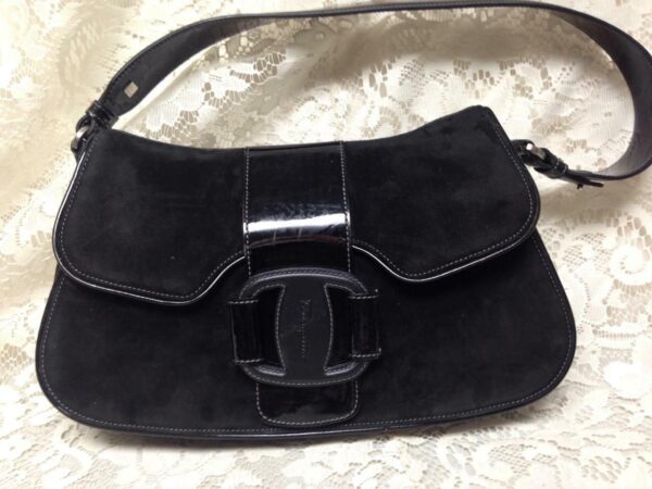 Salvatore Ferragamo Black Suede Leather Handbag 12in x 7in x 2.5in