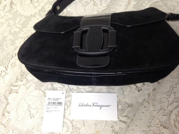 Salvatore Ferragamo Black Suede Leather Handbag 12in x 7in x 2.5in