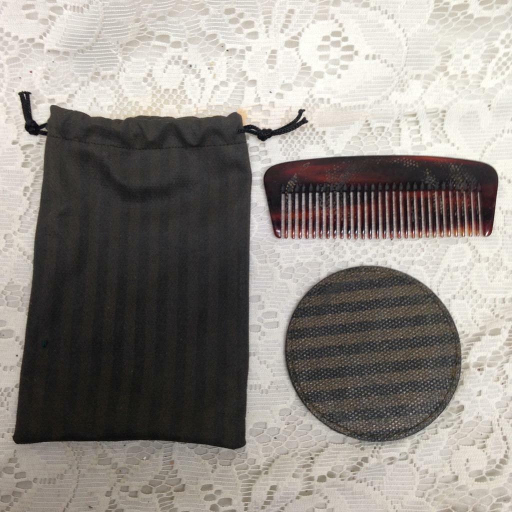 Fendi, Rare, Brown Nylon-Pequin Stripes Mirror and Comb Set with Pouch