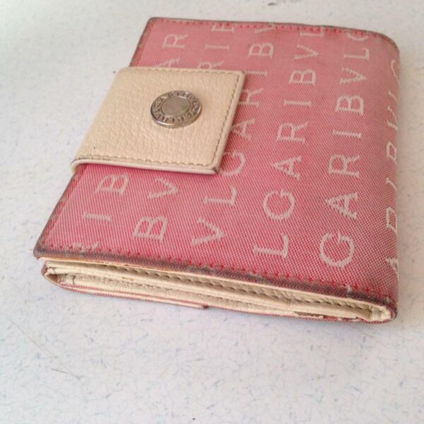 Authentic, Bulgari Pink Mono Canvas Compact Bi-fold Wallet 4.5in x 4in