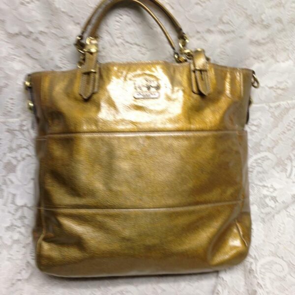 Authentic Coach Gold Vernis Enamel Leather Shoulder Bag 13in x 13in x 3in