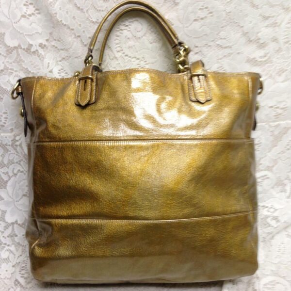 Authentic Coach Gold Vernis Enamel Leather Shoulder Bag 13in x 13in x 3in