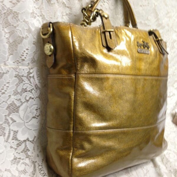 Authentic Coach Gold Vernis Enamel Leather Shoulder Bag 13in x 13in x 3in