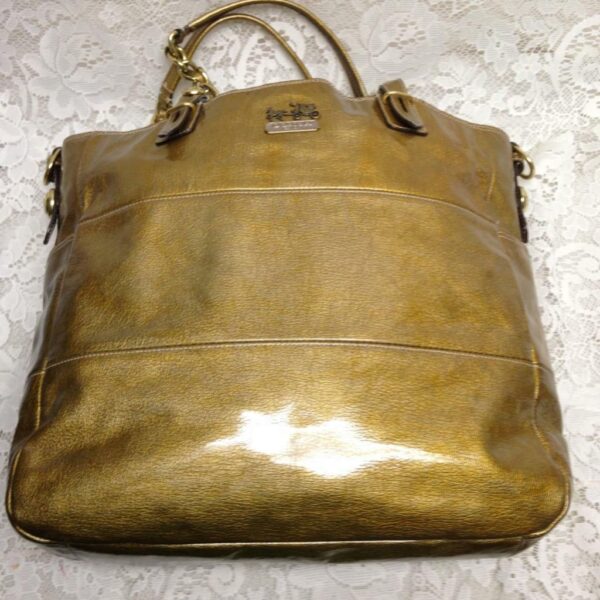 Authentic Coach Gold Vernis Enamel Leather Shoulder Bag 13in x 13in x 3in