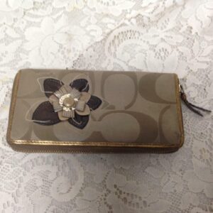 Coach Brown Mono Gold Trim, Long Zip Around Bi-fold Wallet 8in x 4in W Dust Bag