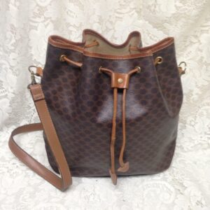 Celine, Paris, Italy Brown Macadam Bucket Drawstring Shoulder Bag 12in x 10in x