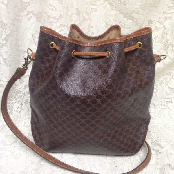 Celine, Paris, Italy Brown Macadam Bucket Drawstring Shoulder Bag 12in x 10in x