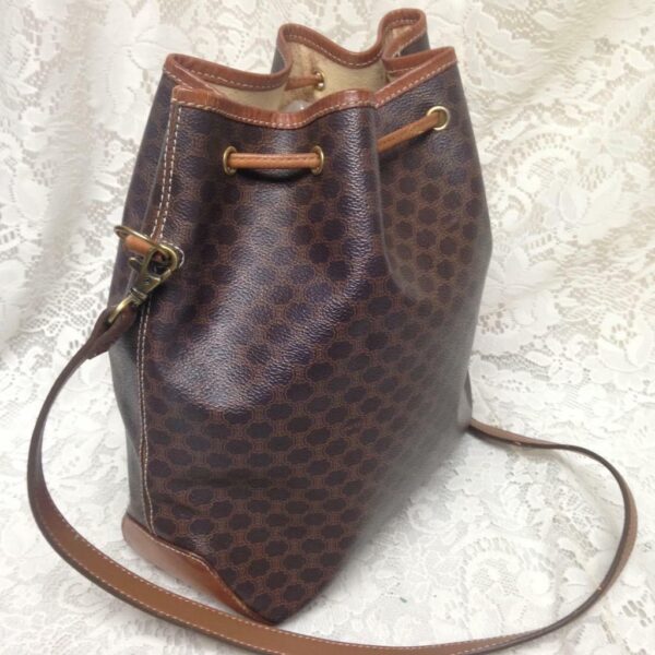 Celine, Paris, Italy Brown Macadam Bucket Drawstring Shoulder Bag 12in x 10in x