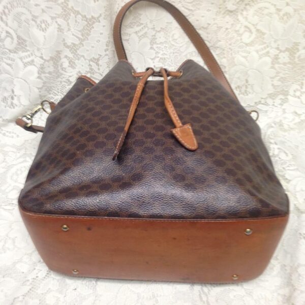 Celine, Paris, Italy Brown Macadam Bucket Drawstring Shoulder Bag 12in x 10in x