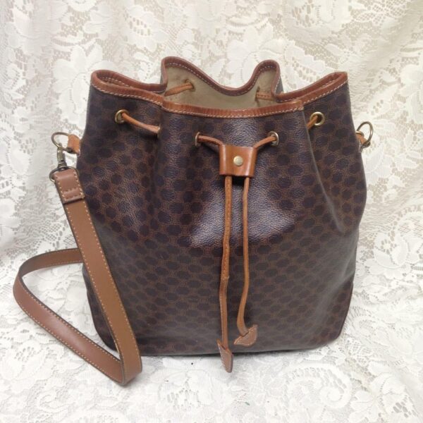 Celine, Paris, Italy Brown Macadam Bucket Drawstring Shoulder Bag 12in x 10in x
