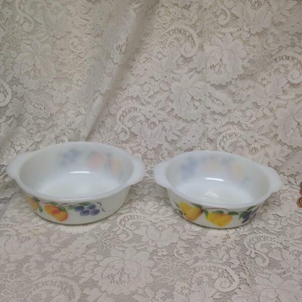 1950s, Glassbake 2pc Fruit Painted Milk Glass Casserole-Bowl Set8.5in and 9in D