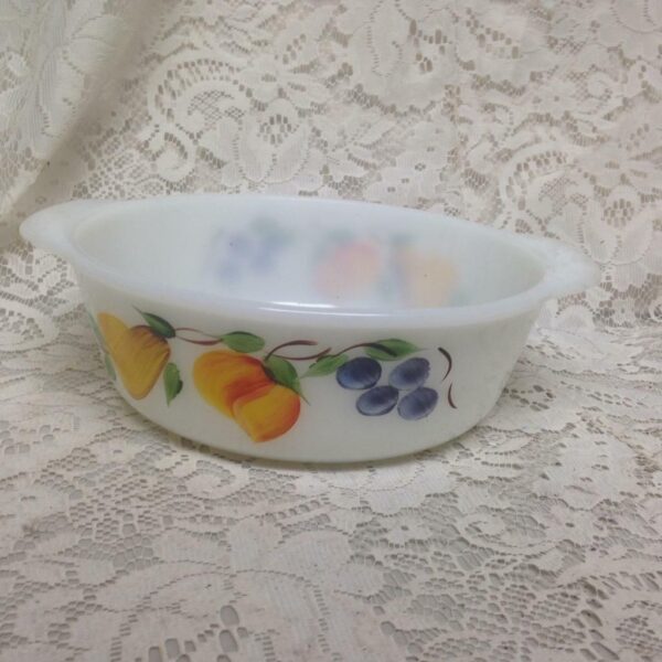 1950s, Glassbake 2pc Fruit Painted Milk Glass Casserole-Bowl Set8.5in and 9in D