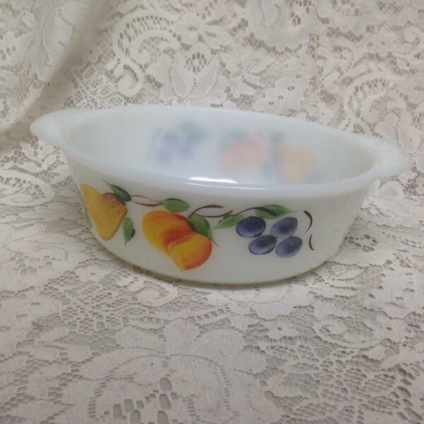 1950s, Glassbake 2pc Fruit Painted Milk Glass Casserole-Bowl Set8.5in and 9in D