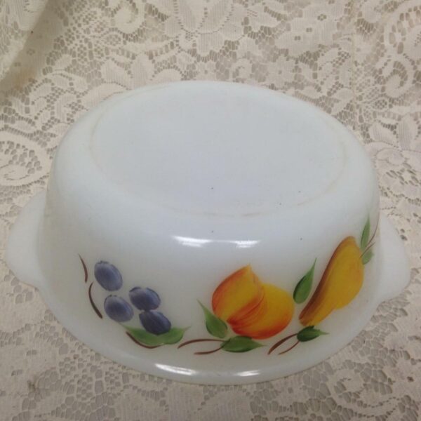 1950s, Glassbake 2pc Fruit Painted Milk Glass Casserole-Bowl Set8.5in and 9in D