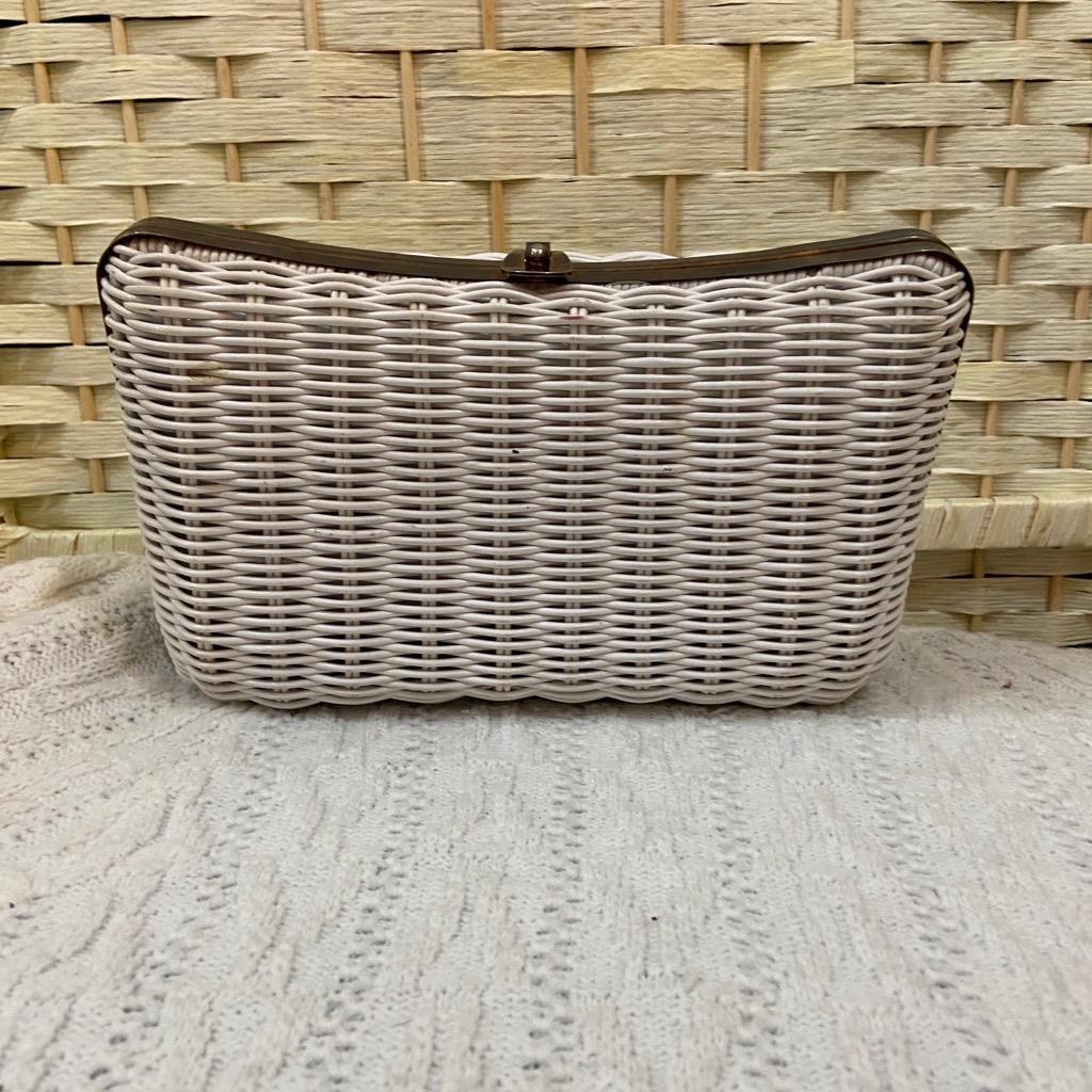 Vintage, White Wicker Style Clutch-Crossbody 10in x5.5in x 4in