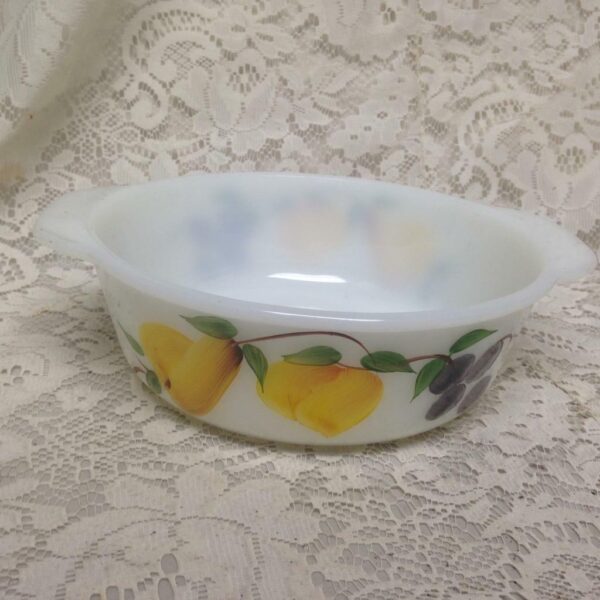 1950s, Glassbake 2pc Fruit Painted Milk Glass Casserole-Bowl Set8.5in and 9in D