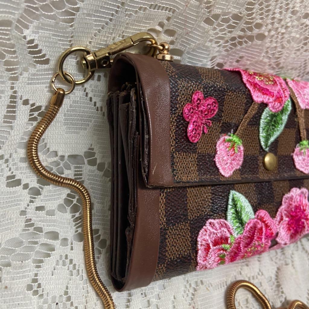 Louis Vuitton Damier Ebene Long Wallet -Crossbody with Pink Floral Appliques