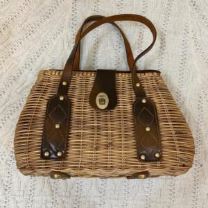 Vintage, Brown Wicker Style Handbag- 10.5in x 7in x 3.5in