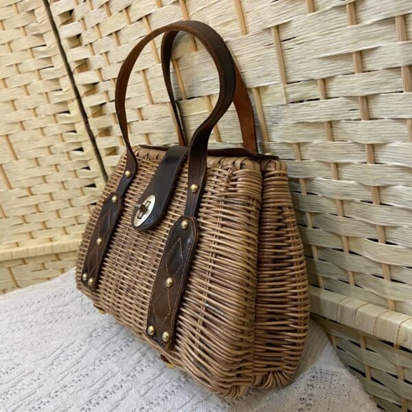 Vintage, Brown Wicker Style Handbag- 10.5in x 7in x 3.5in